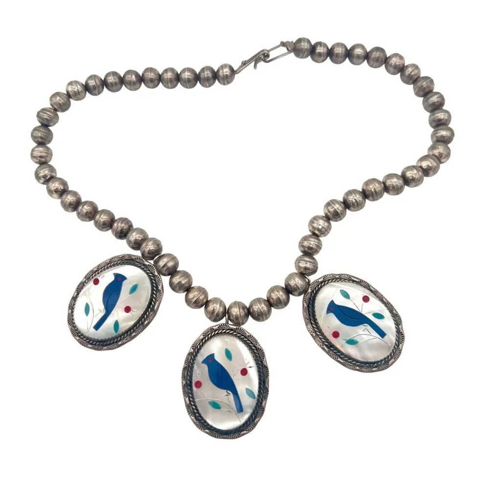 Vintage/Antique Native American Zuni Necklace Blue Bird Sterling Silver Bead - Picture 4 of 10